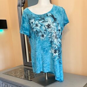 Db Large Blue Floral Women's Top Asymmetrical Hem